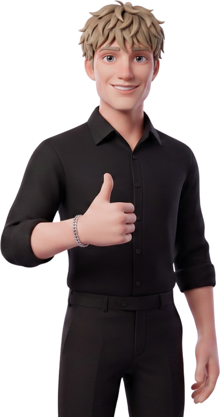 Illustrated 3D figure of André in a black shirt giving a thumbs up